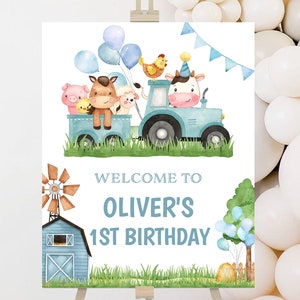 Signo de bienvenida de cumpleaños, póster / granja, animales de granero, corral, rancho / ideas de decoración de primera fiesta de cumpleaños para niños imprimibles Plantilla editable FA2
