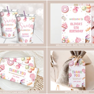 May include: Printable party supplies for a 5th birthday party with a sweet theme. The set includes a welcome sign, juice box labels, Hershey's bar wrappers, and gift tags. The design features a watercolor illustration of donuts, macarons, cupcakes, and candy.