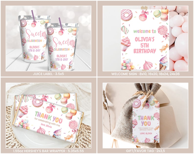 May include: Printable party supplies for a 5th birthday party with a sweet theme. The set includes a welcome sign, juice box labels, Hershey's bar wrappers, and gift tags. The design features a watercolor illustration of donuts, macarons, cupcakes, and candy.
