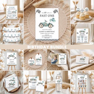 May include: A birthday party decoration bundle featuring a race car theme with blue and white colors. Items include invitations, cupcake toppers, a banner, thank you tags, water bottle labels, and signs with text like Fast One and Liam.