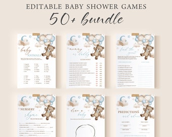 Editable Baby Shower Games Bundle, Set | Teddy Bear Balloons, We Can Bearly Wait | Printable Boys Baby Party Games Package, Signs Decor BTB