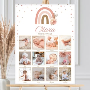 Foto Meilenstein Schild, Monatliche Fotocollage, Babys erstes Jahr | Modernes Boho Regenbogen Boho | Druckvorlage Mädchen 1. Geburtstag Party Dekor MBR