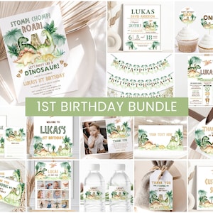 Dinosaur First Birthday Bundle, Boys 1st Birthday Invite Bundle | Dino, Dinosaur, T-Rex | Printable Party Decoration Signs Editable Template