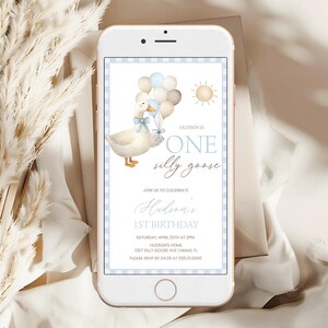 ONE Silly Goose Birthday Invitation, Digital | Farm Animals, Blue Retro Gingham | Boys 1st Birthday Party Invite Template, Smartphone OS2