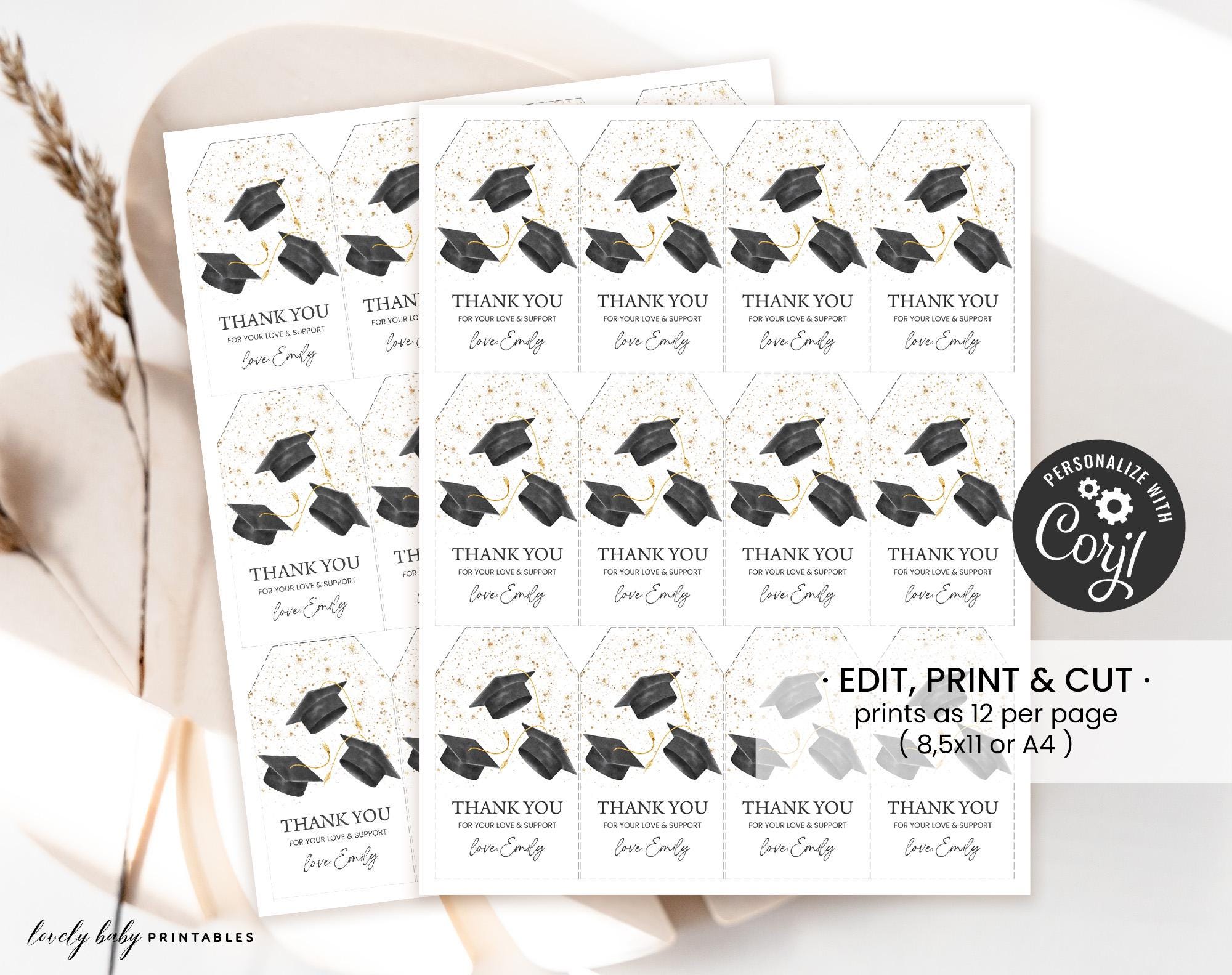 Printable Graduation Party Favors, Gift Tags | Black & Gold Glitter ...