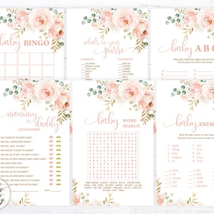 Blush Burgundy Floral Roses Baby Girl INSTANT DOWNLOAD Baby Shower Games Bundle 8x Rose Gold Glitter Party Games Printable FLO37
