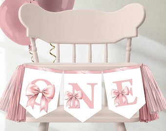 Pink Bow 1st Birthday High Chair Banner, Coquette Girl ONE Banner PB3
