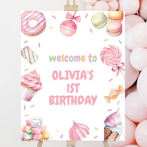 Birthday Welcome Sign, Poster | Sweet ONE, Donut, Candy, Ice Cream, Pastel | Printable Girls 1st Birthday Party Decor, Editable Welcome SWT