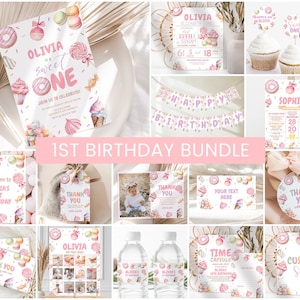 Sweet ONE Birthday Bundle, Girl 1st Birthday Invite | Donut, Candy, Ice Cream, Pastel Sweets | Printable Girl Birthday Party Decor Ideas SWT