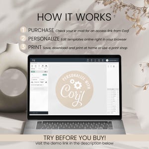May include: A laptop displaying a Corjl template interface, with the text "HOW IT WORKS" and numbered steps: Purchase, Personalize, and Print. The image also includes the text "TRY BEFORE YOU BUY!" and a link to a demo.