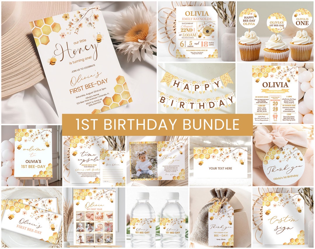 Bee 1st Birthday Invitation Bundle, First Bee Day Party Decor, Honey ...