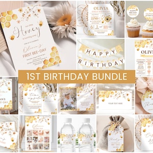 Bee ONE Birthday Bundle, Girls 1st Birthday Invite | Honey Bee, First Bee-Day, Our Little Honey | Printable Birthday Party Decor, Ideas HON
