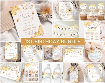 Bee 1st Birthday Invitation Bundle, First Bee Day Party Decor, Honey Bee, Printable Editable HON