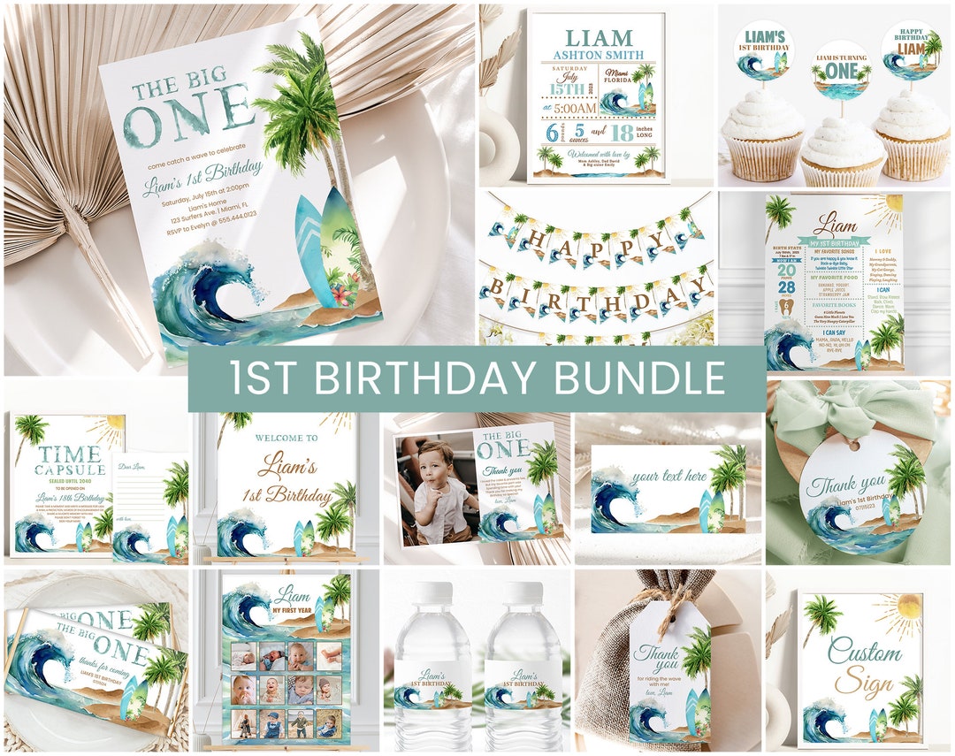The Big ONE Birthday Invitation Bundle, Surfing First Birthday Decor ...
