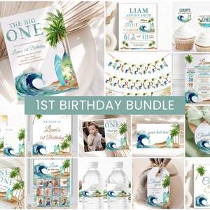 The Big ONE Surf-Geburtstags-Paket, Surfen-Geburtstags-Einladung | Strand, Surfbrett, Wellen | Summer Boys 1st Birthday Party Decor, druckbare Schilder