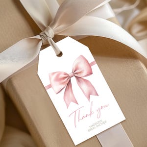 Bridal Shower Favor Tags | She&#39;s Tying The Knot, Pink Coquette Bow, Chic Ribbon | Wedding Shower Favors Gift Tags, Hens Bachelorette Tag BS3