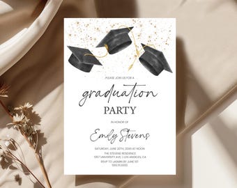 May include: Graduation party invitation with a gold glitter background and three black graduation caps with gold tassels. The text reads "Please join us for a graduation party in honor of Emily Stevens. Saturday, June 20th, 20XX at noon. The Stevens Residence, 1357 University Ave Los Angeles, CA. RSVP to Jasmin by June 1st, 565.11.0000."