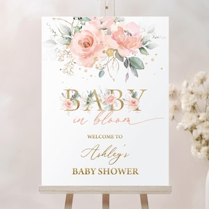 Babyparty Willkommensschild, Poster | Baby in Bloom, Blush Pink, Boho Floral, Frühling | Druckbare Mädchen-Baby-Dusche-Party Dekor-Ideen Signage BI3