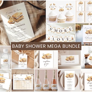 Könnte beinhalten: Ein druckbares Babyparty-Set mit S'mores-Thema. Das Set beinhaltet Einladungen, ein Banner, Wasserflaschenetiketten, ein Schild, einen Kalender, ein Menü, ein Los und ein Geschenkanhänger. Das Design zeigt eine Aquarell-Illustration eines S'mores in Braun-, Weiß- und Beigetönen.