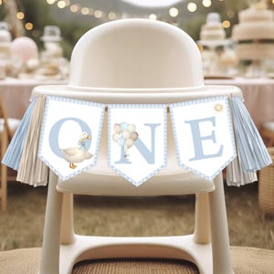 High Chair Banner, Birthday ONE Banner | ONE Silly Goose, Farm, Blue Retro Gingham | Printable Boy 1st Birthday Party Banner Decor Ideas OS2
