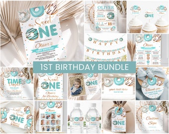 Donut Birthday Invitation Bundle, Boys 1st Birthday Party Decor, Signage | Donut Grow Up, Sweet ONE | Printable Editable