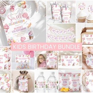 May include: A printable kids birthday party bundle with a sweet theme. The bundle includes a variety of items such as invitations, thank you cards, cupcake toppers, water bottle labels, favor tags, and a banner. The design features a watercolor illustration of candy, donuts, and other sweets in pink, purple, and blue colors.