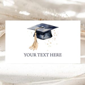 Voedseltentkaarten, naamkaartjes, plaatskaarten, voedseletiketten | Pet en kwastje marineblauw | Ideeën voor afstudeerfeestdecoratie, middelbare schoolklas van GP1 2025