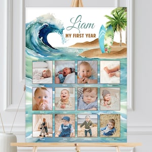 Signo de hito fotográfico, collage de fotos de 12 meses, primer año del bebé / The Big ONE Surf Wave Beach Surfboard / Boys 1st Birthday Party Decor TBO