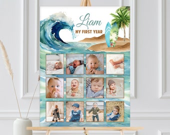 Photo Milestone Sign, 12 Months Photo Collage, Baby's First Year | The Big ONE Surf Wave Beach Surfboard | Boys 1st Birthday Party Decor TBO