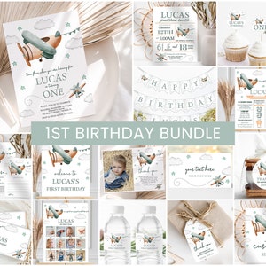 May include: A printable 1st birthday party bundle with a blue and green airplane theme. The bundle includes invitations, a banner, cupcake toppers, a welcome sign, a photo collage, water bottle labels, a thank you tag, a custom sign, and a time capsule card.