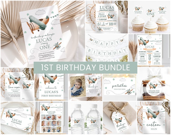 Airplane First Birthday Bundle Plane 1st Birthday Invitation Boy Birthday Party Package Jet Pilot Birthday Theme Printable Editable Template