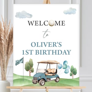 Znak powitalny urodzinowy, plakat | Hole In One, wózek golfowy, golfowy par Tee | Wydrukowana dekoracja na pierwsze urodziny chłopców, edytowalny szablon HIO
