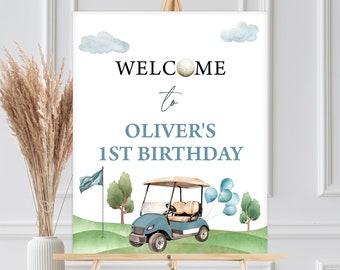 Birthday Welcome Sign, Poster | Hole In One, Golf Cart, Golfing Par Tee | Printable Boys First Birthday Party Decor, Editable Template HIO