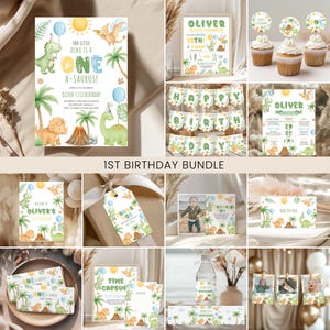 May include: A collection of dinosaur-themed party supplies for a first birthday. Includes invitations, cupcake toppers, banners, thank you cards, and water bottle labels. The designs feature cartoon dinosaurs, palm trees, and the text "Our Little Dino is a One A-Saurus!"