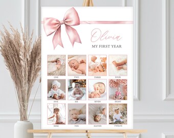 Puede incluir: Un collage de fotos rosa y blanco para el primer año de un bebé, con un gran lazo rosa en la parte superior. El collage tiene 12 cuadrados con fotos de una niña a diferentes edades. El texto "Olivia My First Year" está en la parte superior del collage.