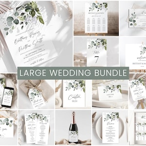 Greenery Wedding Stationery Bundle | Botanical Eucalyptus, Sage Green, Boho | Printable DIY Wedding Invitation, Reception Decor, Signage GR2