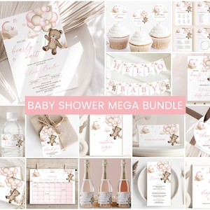 Teddy Bear Baby Shower Bundle, Invite | Pink Balloons, We Can Bearly Wait | Printable Girl Baby Shower Party Decor Ideas Games, Signage GTB