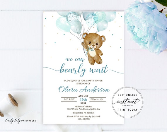 Bearly Wait Baby Shower Invite Template Blue Bear Baby Shower 