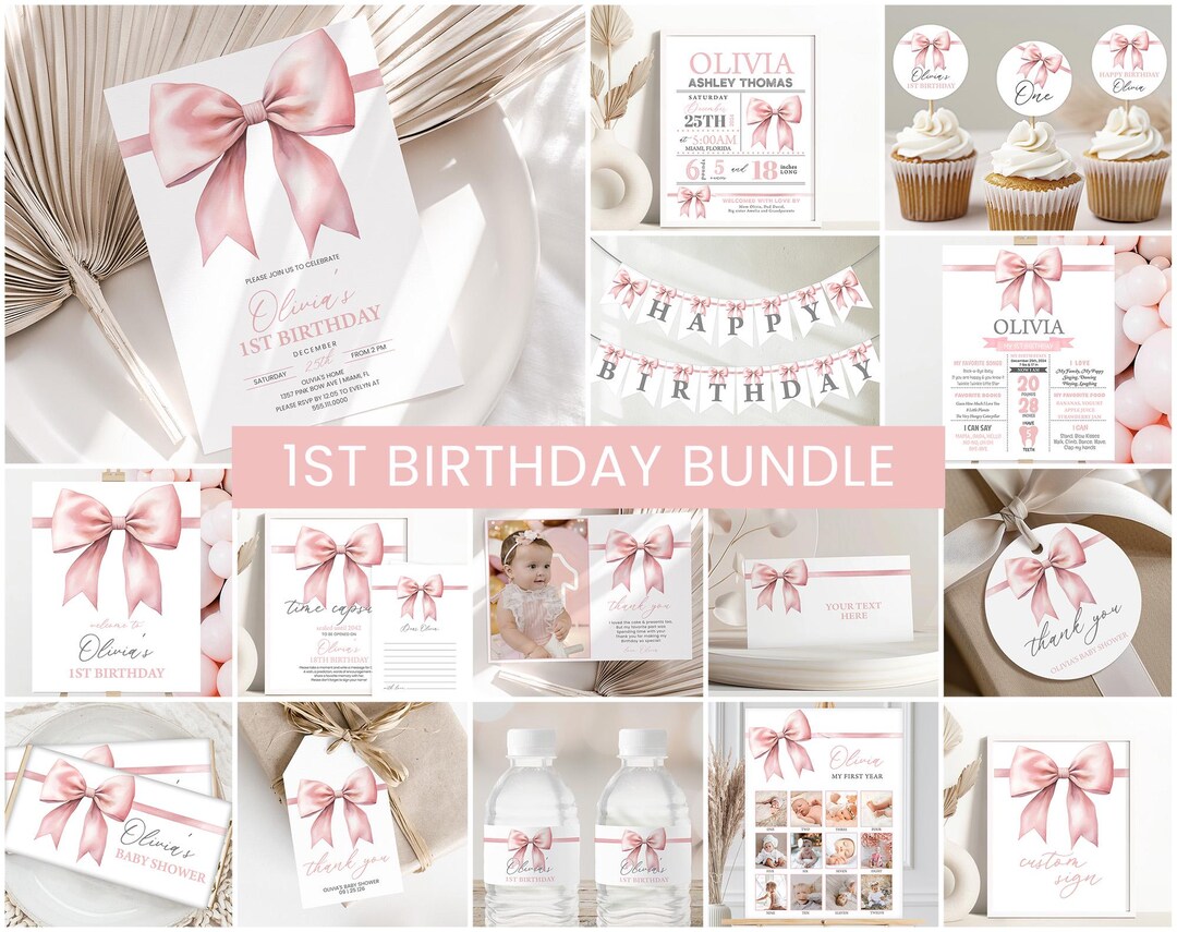 Pink Bow Girl 1st Birthday Bundle, Coquette Printable Decor Set PB3 - Etsy