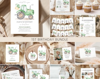 Green Tractor 1st Birthday Bundle, Invite | Start Your Tractor, Farm Vehicles | Printable Boys First Birthday Party Decor Ideas, Signage TT1