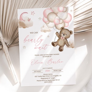 Teddy Bear Baby Shower Invitation, Invite | Bear, Pink Balloons, We Can Bearly Wait | Printable Girl Baby Shower Party Invite Template GTB