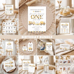 Paquete de invitaciones imprimibles para el primer cumpleaños de niño con temática de construcción: decoración para el primer cumpleaños con temática de camión volquete. Ideas para invitaciones de fiesta de cumpleaños. Plantilla editable.
