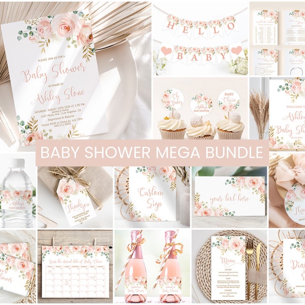Floral Baby Shower BUNDLE | Editable Baby Girl Shower Party Templates Printable Invitation Decor Signs Games Set Package Blush Pink Floral