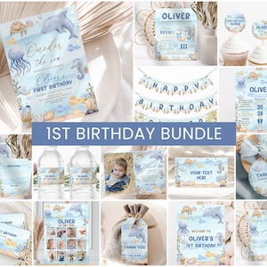 May include: A set of printable party decorations for a first birthday with an under the sea theme. The decorations include invitations, banners, water bottle labels, a photo collage, thank you tags, and cupcake toppers. The colors are blue, yellow, and white with illustrations of sea creatures like jellyfish, seahorses, and dolphins.