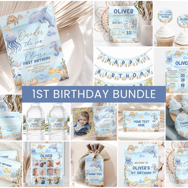 Under The Sea Birthday Bundle, Boys 1st Birthday Invite | Oneder The Sea, Ocean Animals, Summer | Printable Boys First Birthday Party Decor