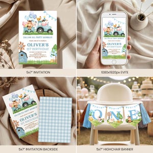 May include: A collection of party supplies for a first birthday celebration. Includes a 5x7" invitation, an Evite on a smartphone, a backside of the invitation, and a highchair banner. The invitation features a blue tractor with animal illustrations and the text "Oliver's 1st Birthday".