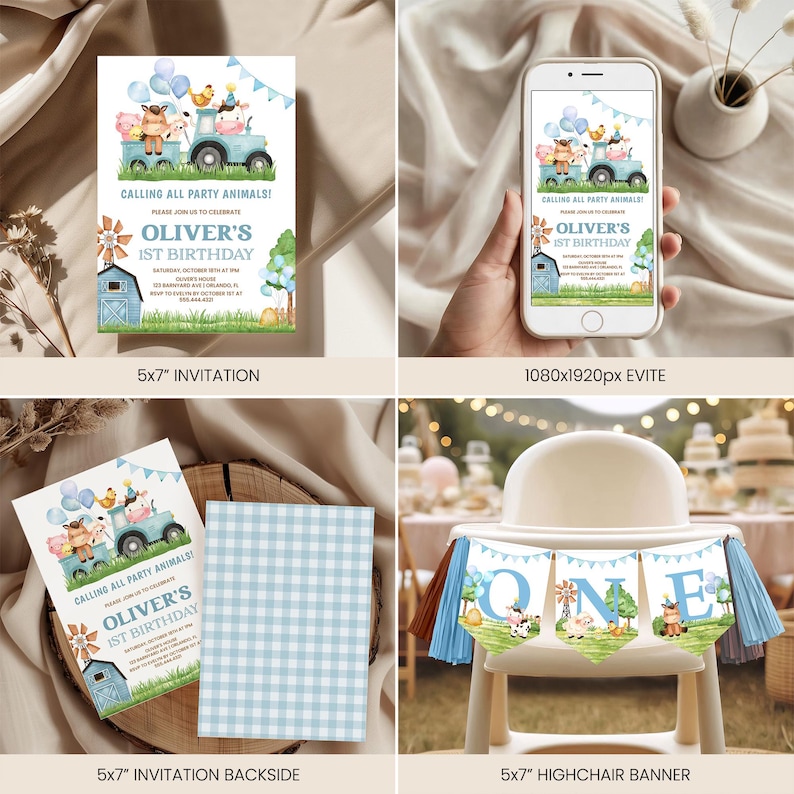 May include: A collection of party supplies for a first birthday celebration. Includes a 5x7" invitation, an Evite on a smartphone, a backside of the invitation, and a highchair banner. The invitation features a blue tractor with animal illustrations and the text "Oliver's 1st Birthday".