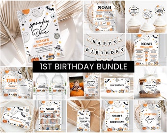 May include: A collection of Halloween-themed party supplies for a first birthday. Includes invitations, cupcake toppers, banners, water bottle labels, and thank you tags. Designs feature ghosts, pumpkins, bats, and the text "spooky one".