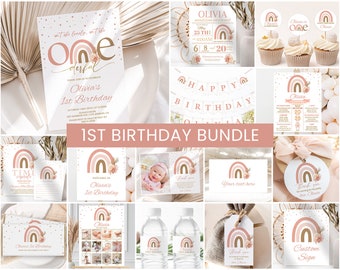 Pacchetto compleanno arcobaleno, pacchetto di inviti per il primo compleanno di una bambina / Boho arcobaleno, Boho, moderno / Cartelli decorativi stampabili per la festa del primo compleanno di una bambina