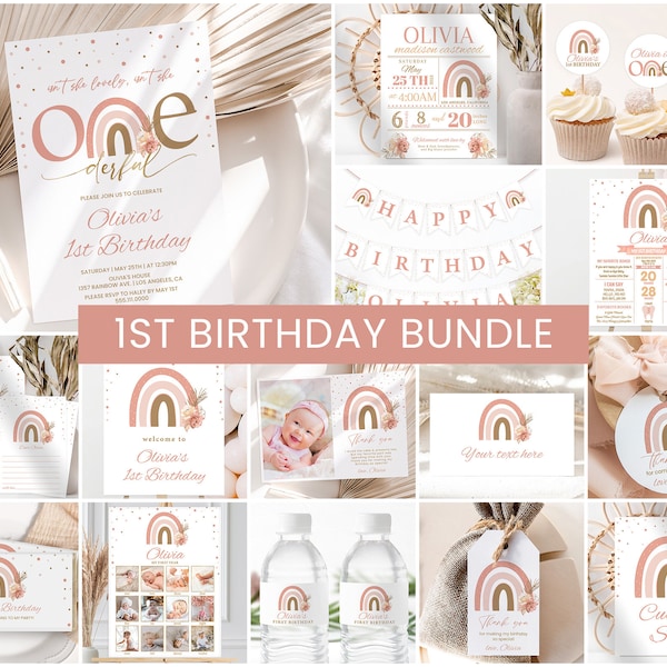 Regenbogen-Geburtstags-Paket, Mädchen 1. Geburtstag Invite Pack | Boho Regenbogen, Boho, Modern | Druckbare Mädchen Erster Geburtstag Party Dekor Zeichen